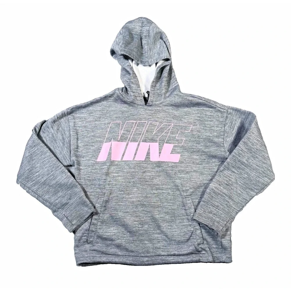 Nike Dri-Fit Hoodie Womens Medium Gray Pink Spellout Loose Fit Cropped Pullover